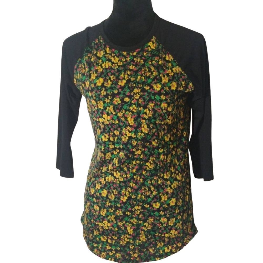 NWT LuLaRoe XS Black Yellow Floral Randy  Short Sleeve T-Shirt